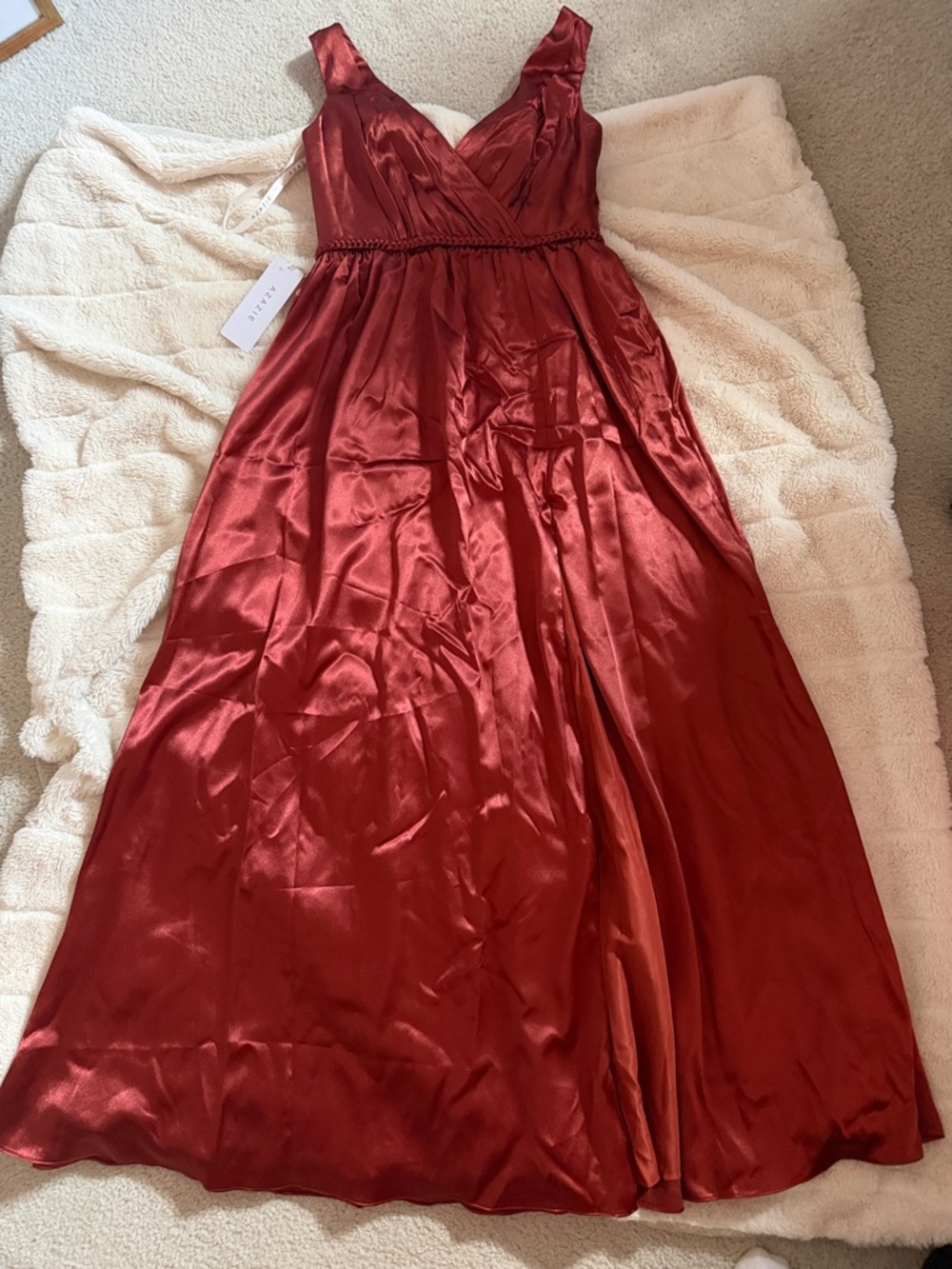 Azazie Terracotta Silk Satin Evening Gown - style Tanicia